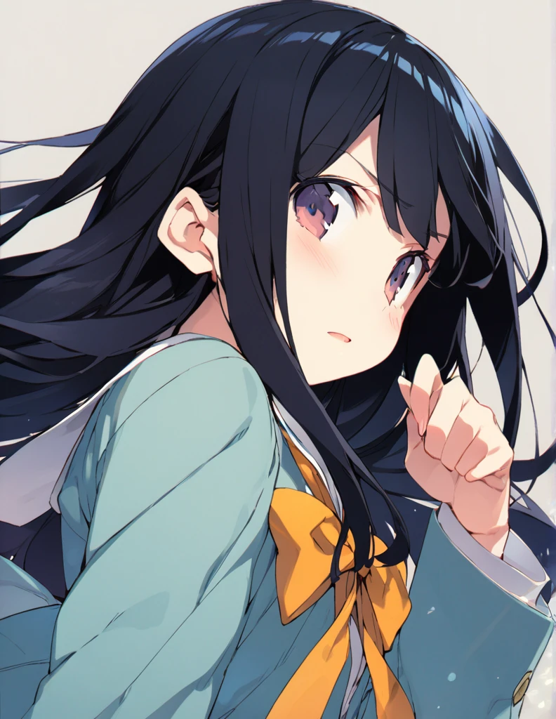 A middle school girl with long black hair 驚く