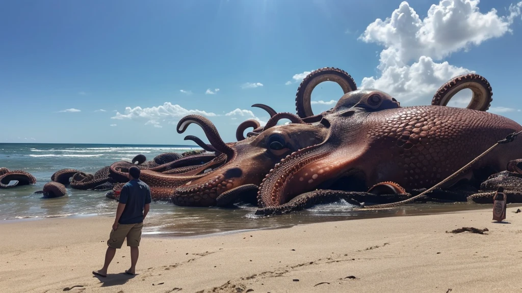 a scene, apparently taken from an old camera, from a distance not too close, ultra realisitic, where it shows a giant realistic octopus dead and stranded on a beach, hundreds of curious people surround him.
