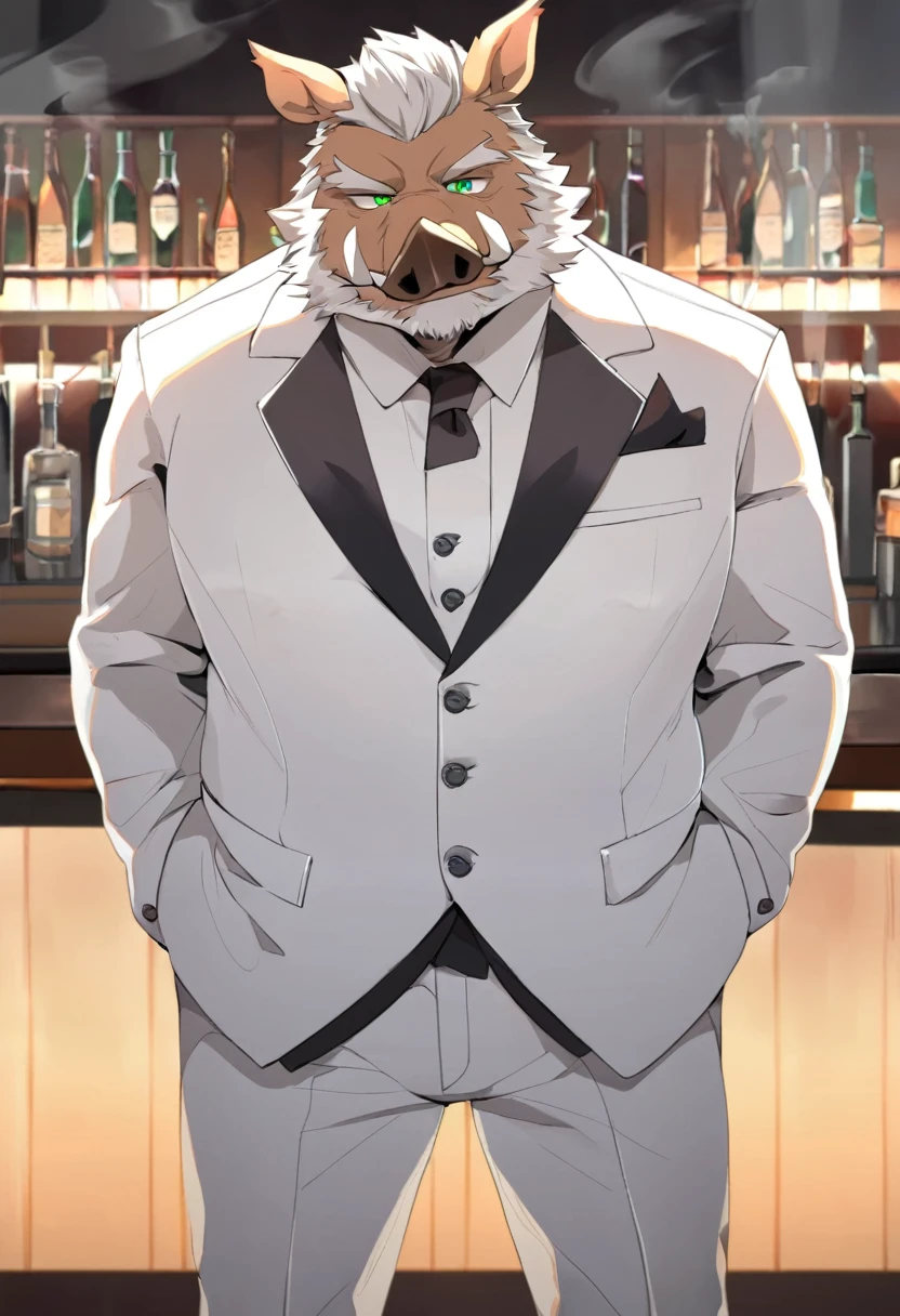 Wild Boar,personification,Mature male,Bad Uncle,Sarcastic expression,Green pupils,White eyebrows,White suit suit,Hands in pockets,The Age of Steam,bar。