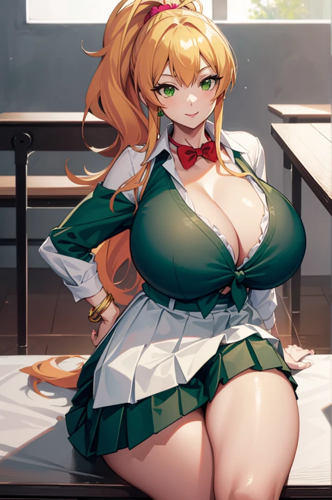 1girl in, Solo, Nakano Yotsuba, Orange hair, Hair Bow, (green bowtie), (Naked:1.3), (White Apron), Large breasts, cleavage, thighs thighs thighs thighs, Cafe Background, (Blushing:1.3)