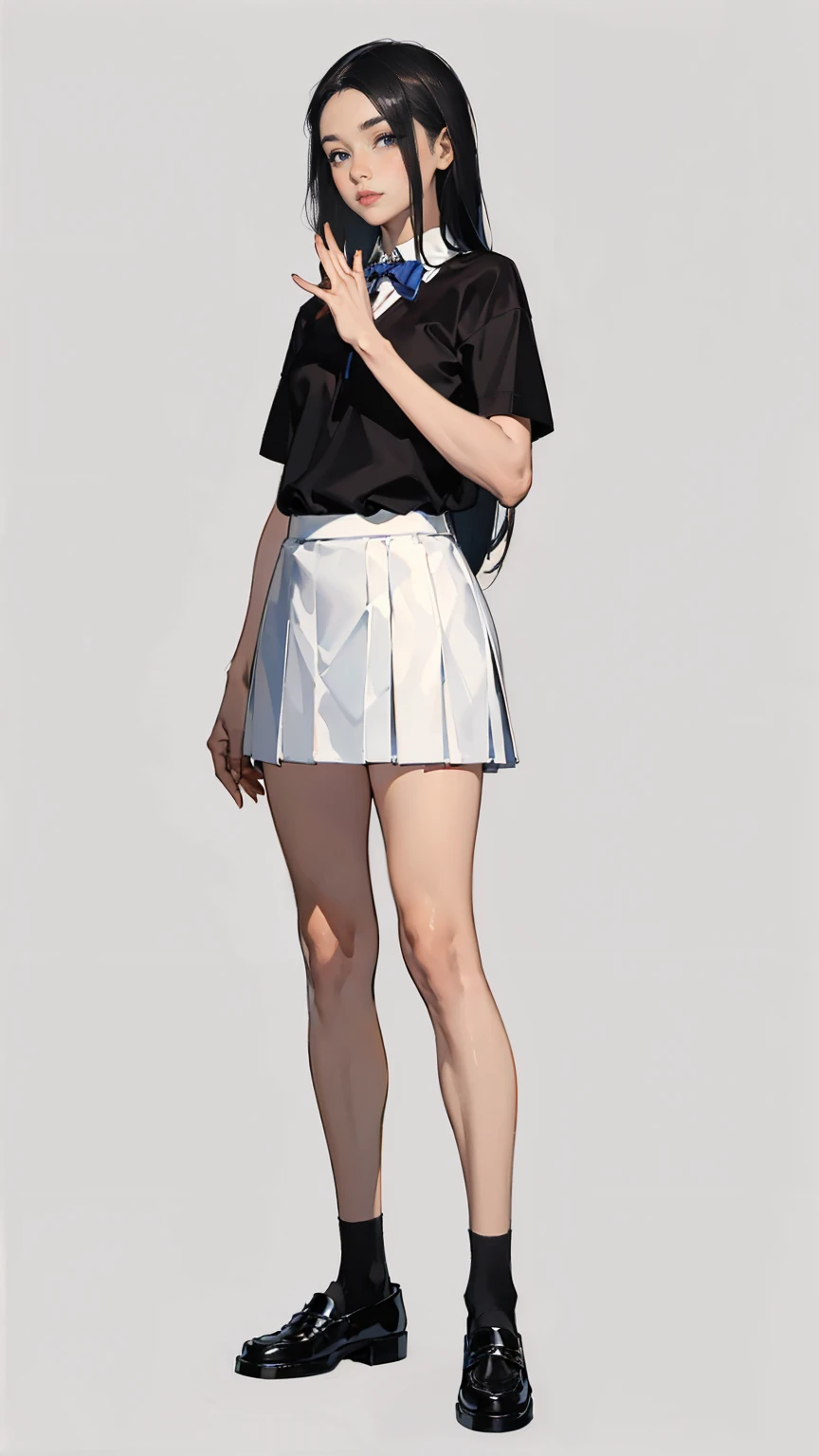 ((highest quality,4K,High resolution,masterpiece:1.2)),((Character Concept Art)), 1 female, 17-year-old female, ((shoulder-length black hair)), Black Hair, (Fair skin color), Very detailed eyes (Black eye color), beautiful, Slim body, Very finely crafted fingers(((10 fingers))), White long-sleeved sailor suit, White long pleated skirt,socks, Maroon school loafers, (Standing casually), (Full-body showcase), (Show your whole body), (No logos on background), (No logo), ((Plain background)), ((Plain background)), (((Sky Background)))