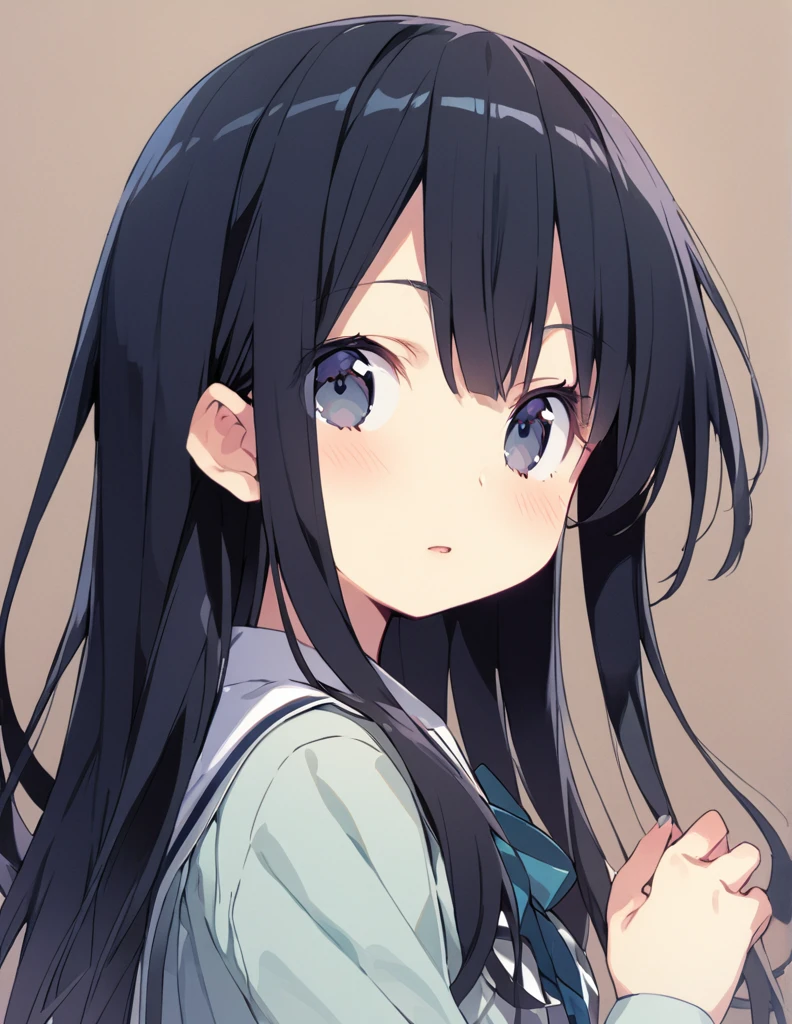 A girl with long black hair 笑う