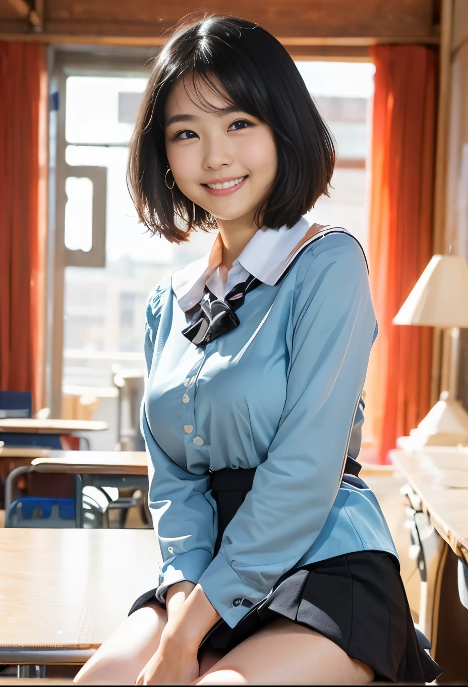 (8K、Raw photography、Highest quality、masterpiece:1.2),(Black Hair、Dark Eyes:1.9),(High school girls、school uniform:1.6)、View your audience,Viewed from the front,White skin,(:1.3)、(Tight waist:1.6)、(Clothes that accentuate the shape of the breasts:1.0)、(Big Breasts :1.3)、Slim figure、Ultra-high resolution,beautiful,beautiful fece,(One person、No background:1.9),whole bodyボディー,Japanese women,(reality的:1.37)、Photon Mapping,reality、(-faced and cute: 1.2)、(Cute Smile: 1.8)、(Round face: 1.8)、Radio City、Physically Based Rendering、Depth of field rally background、photograph, (I can see your knees、Thigh close-up:1.8),(:1.6),whole body、Great quality