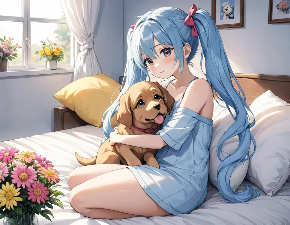 The room is decorated with many margaret flowers..、Margaret flowers on the windowsill、The morning sun is shining、Long light blue hair、beautiful girl with twin tails、Large hug pillow、sitting on the bed hugging a big cushion、My dog is watching next to my bed