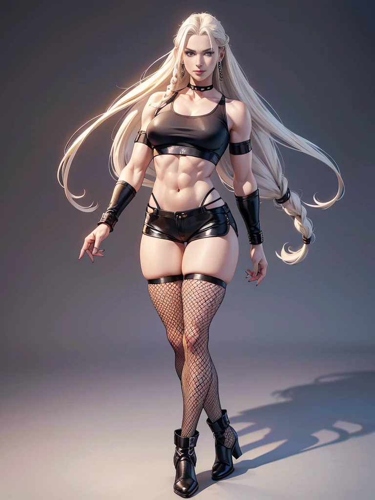 ((best quality)), ((4k)), ((highres)), ((masterpiece:1.2)). ((detailed)), ((ultra realistic)), ((intricate details)), ((full body picture)), ((character design sheet)), a full body picture of a beautifull norwegian female, scandinavian woman, pale skin, ((emphasis on her pale skin)), ((standing in a relaxed pose)), ((blank background)), ((relaxed vibes)), a warm smile on her face, ((a warm smile)), perfect face, gorgeous face, ((vivid blue eyes)) detailed eyes, detailed lips, ((no makeup)), ((nose ring)), 25 years old, ((balzacian woman)), about 5'7 tall, white woman with short platinum blonde dreadlocks up to her shoulders, ((emphasis on white woman with short platinum blonde dreadlocks up to her shoulders)), ((platinum blonde rasta hairstyle)), ((not too bushy dreadlocks)), ((not skinny looking)), ((powerlifter body)), ((tattoos on both her arms)), ((black finger nails)), dressed in a ((black short-sleeve crop top)), midriff ((FLAT ABS)), she's wearing ((fishnet tights under her high waisted black booty shorts)), ((black leather booties with no heels)), ((black choker)), fighting game character concept art, tekken character design, the king of fighters character concept, full bofy, full body concept art, full body art

