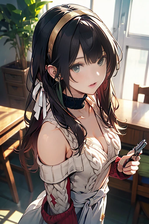 (small breasts:1.2), (perky chest:1.1), (pointed chest:1.0), (hand gun magazine cover:1.3),(from above:1.2),(from side:0.9),masterpiece, 1girl, Amazing Cleavage:1.1, thin waist, big ass, Raised sexy, small breast: 1.2, posed cleavage:1.2、solo, open mouth, have a cute grass of cute beergrass,black hair, dark green eyes, dress, bare shoulders, jewelry, collarbone, sidelocks, hairband, earrings, indoors, off shoulder, sweater, arms behind back, plant, short hair with long locks, gild hairband, sweater dress:1.2, off-shoulder sweater, red sweater, dark gord hair, big side hair, very long side hair,is rendered in (masterpiece: 1.2, best quality), with (ultra high resolution) and an exquisite (depth of field). This masterpiece is not only visually stunning but also tells,A scene of cooking in the kitchen by classroom ,looking at viewer,