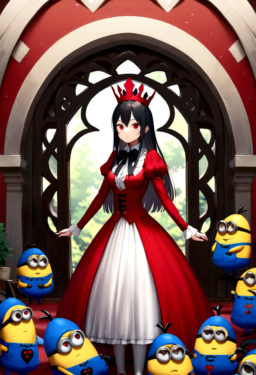 a girl with black hair that is red at the tips, with red eyes, what apparent sagacity and strength, Also, its environment is like that of Alice in Wonderland, May your clothes be like the red queen's minions, and that he has a patch on his heart
