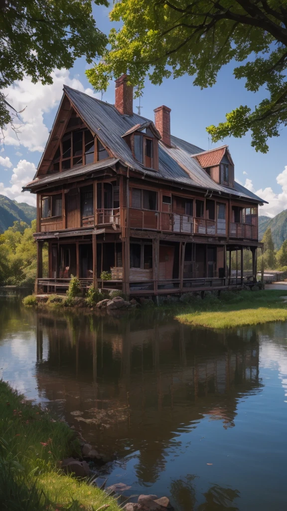 a detailed abandoned house by a lake, serene lake, (8k wallpaper of an extremely detailed CG environment), most beautiful artwork in the world, majestic professional oil painting, intricate, high detail, sharp focus, dramatic photorealistic painting art