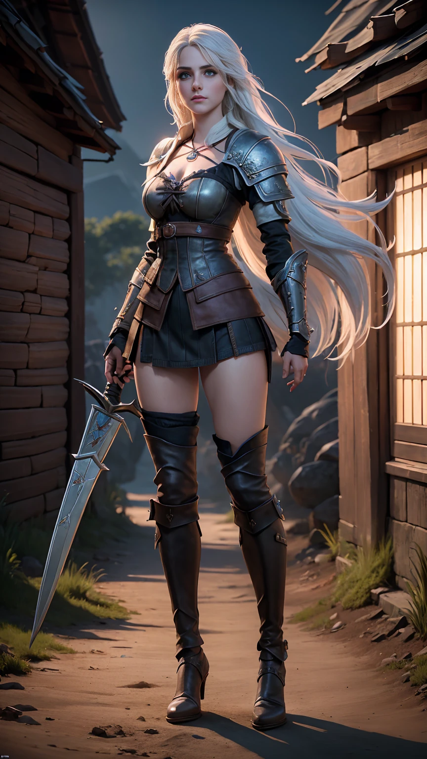 (((full body photo))), Beautiful woman like Ciri from the game The Witcher., with long hair and bright blue eyes, masterful work, ultra quality, 8K, hair falling over your shadows, late at night, Take an armor medieval plantation.
