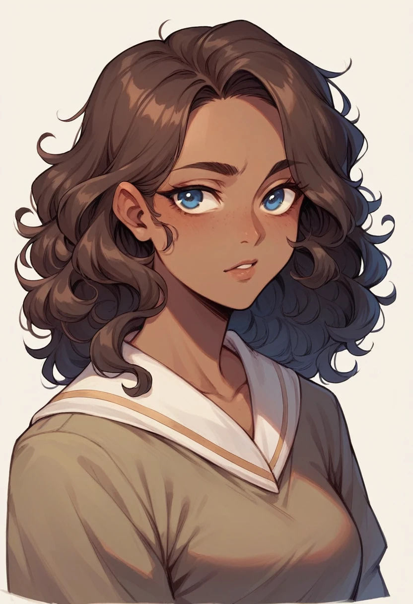 1 woman with brown skin and long curly hair and brown eyes next to 1 white-skinned man, straight hair and blue eyes