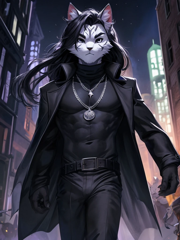 Ross Tran, ruan jia, trending on artstation, Male, (Male anthro cat:1.3), (Black fur with white fur patterns:1.1), (walking towards viewer:1.3), (Foggy night city:1.23), (Blank expression:1.3), detailed eyes, black nose, (detailed eyes), (sharp white eyes), detailed background, 8k hd, (dark shadows, wide dynamic range, hdr, low light:1.2), (Skinny physique), slight black eyeshadow, (Long wavy black hair), (black long coat, black turtleneck, silver necklace, black dress pants), ((Gothic)), dynamic pose, Facial close-up