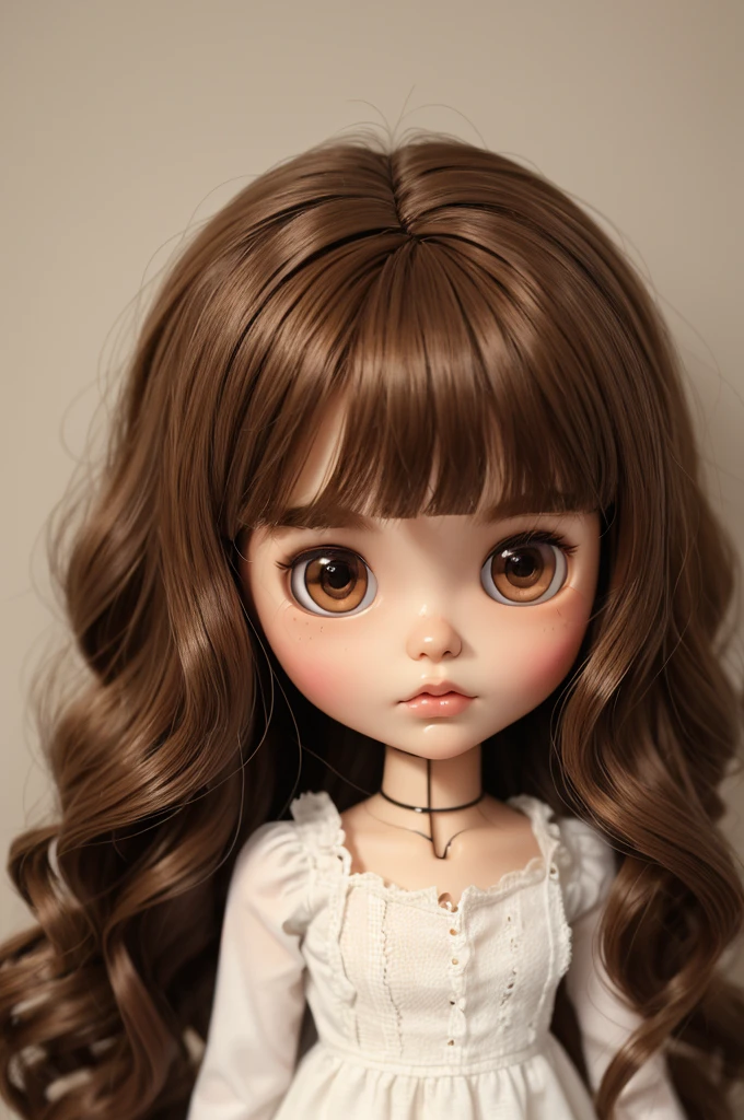 a blythe doll with brown wavy hair and brown eyes