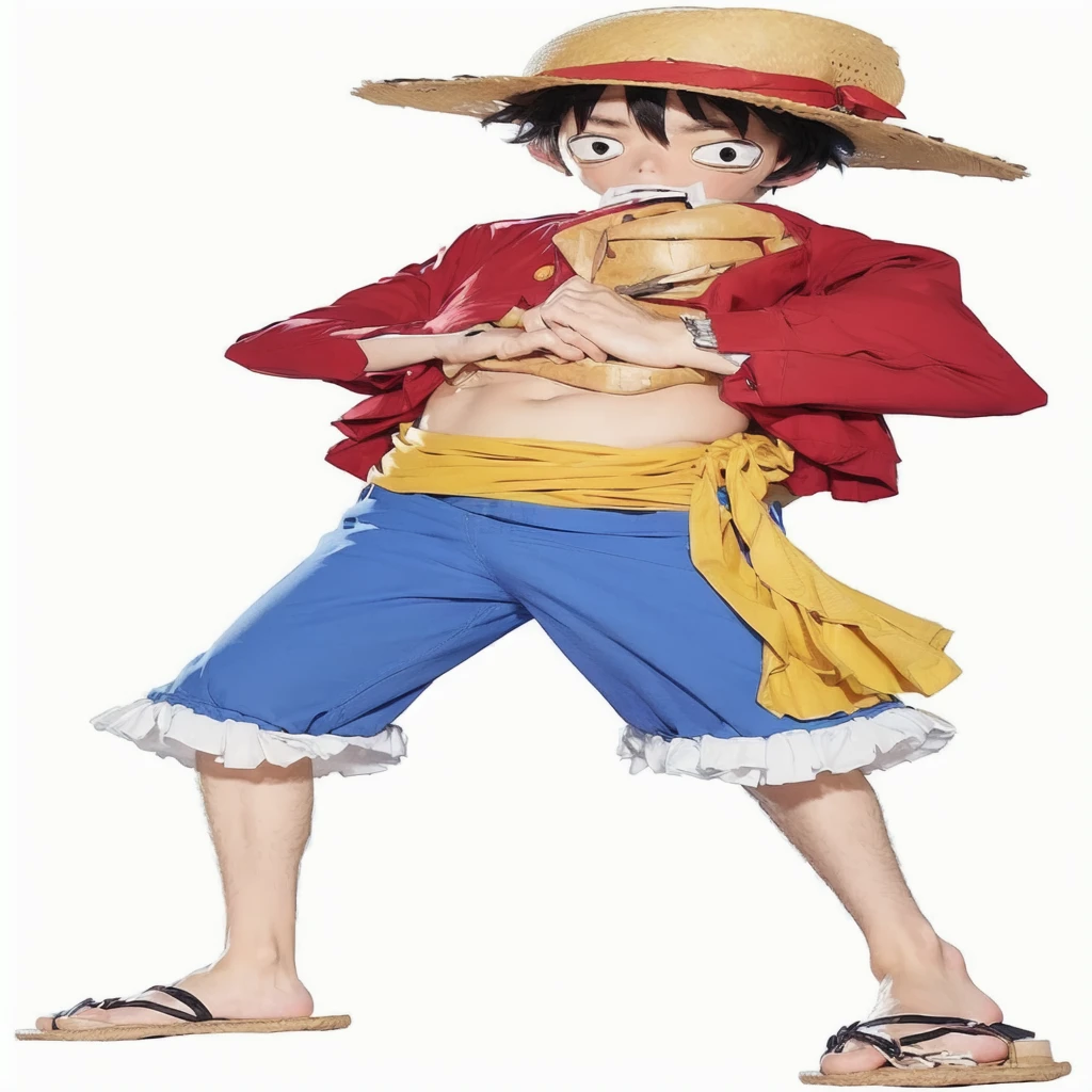 a image of a man with a straw hat and blue shorts, realisitc