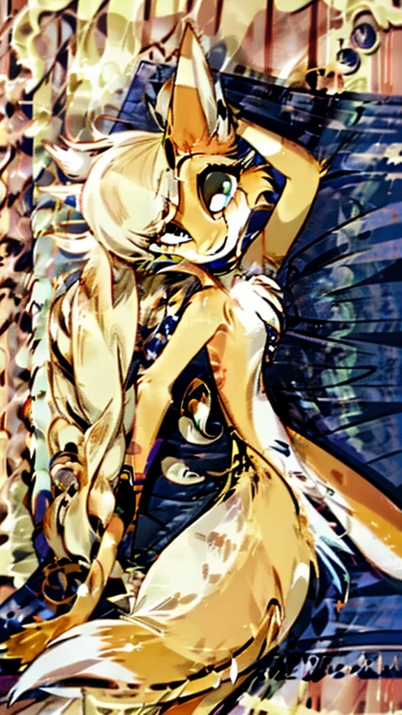 A fox, inspired by rainbowdash from mlp. Sunset background on the beach laying down on the sand, tanning. Clear backgriund and clear face
