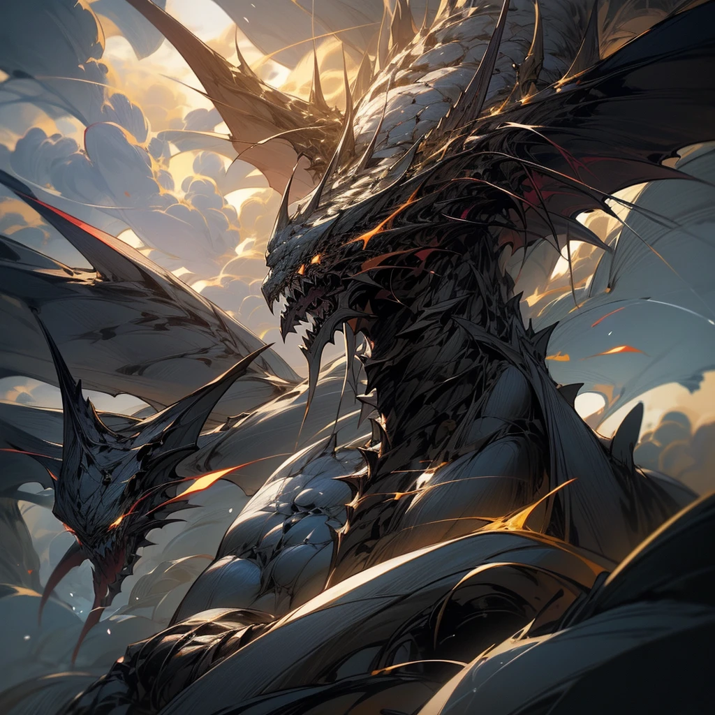 (((Bahamut)))、dragon、Dragon、A battle between an angel and a demon, Final Showdown, (masterpiece, High resolution, high quality, Ultra-realistic:1.2), Creatures of Heaven and Hell, Intense light and shadow, Epic clash, Surreal Landscape, Dramatic composition, Vibrant colors, godの輝き, Epic Scale, Violent explosion、Intricate details, Supernatural Beings, godの力, Ominous atmosphere、flash、god々Rage、dragongod、Black Dragon
