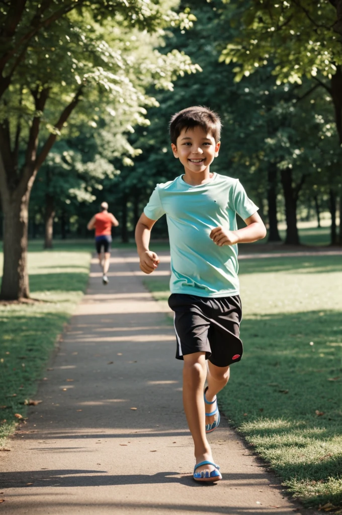 Running in the park because his mother threw her flip-flop at him