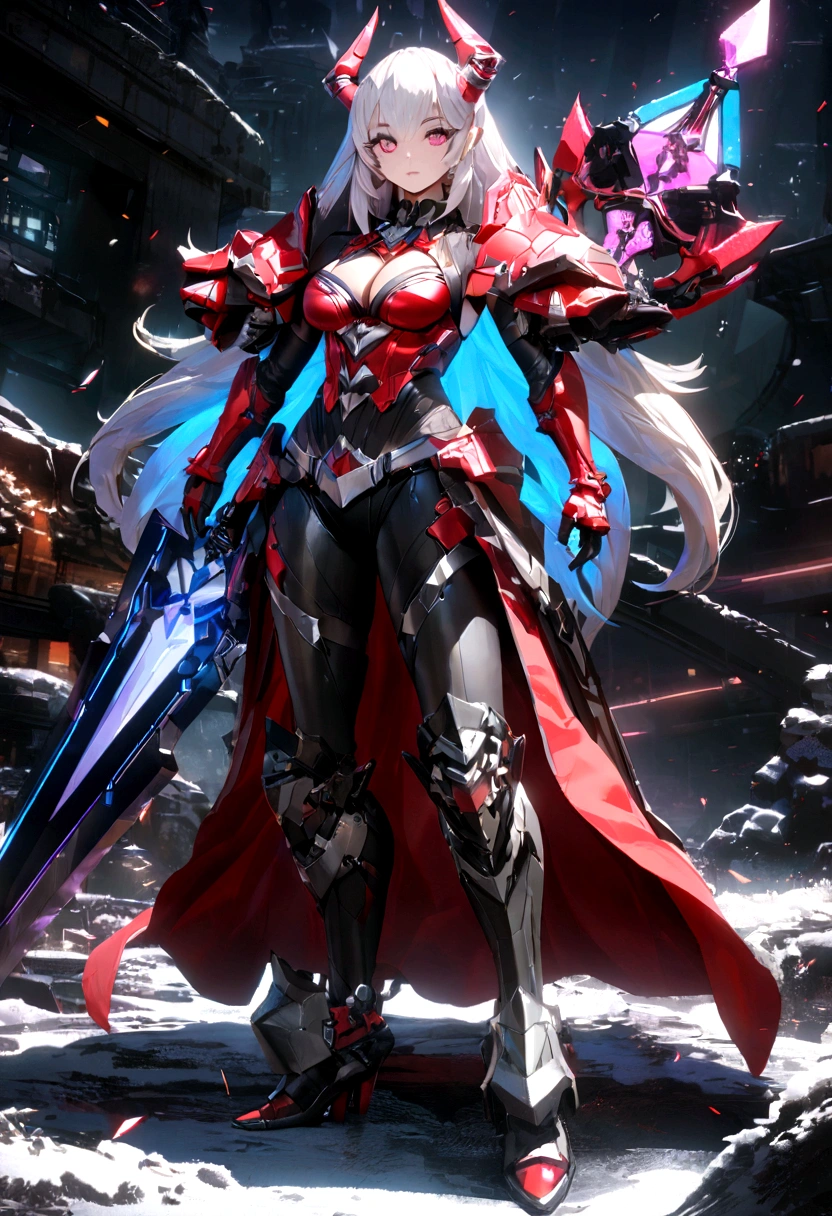 (((full body photo))) Cirilla Fiona Elen Riannon,Highest image quality,Outstanding details,Ultra-high resolution,(Fidelity:1.4), Favor the details,closeup cleavage,dawn,Snow,winter,Wizard Sword,He has a delicate and beautiful face,Red Japanese oni armor,Raised sexy,frontage,cyber punk perssonage,futuristic,mechanically aesthetic,Virtual Engine 5,Perfect detail rendering,rendering by octane,hyper HD