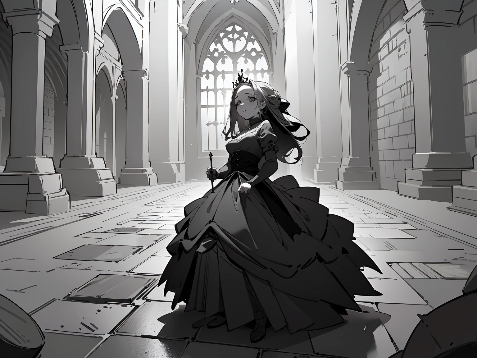 Best quality: 1.0), (Super High Resolution: 1.0), princess, monochrome, (background, cobblestone, prison, medieval)