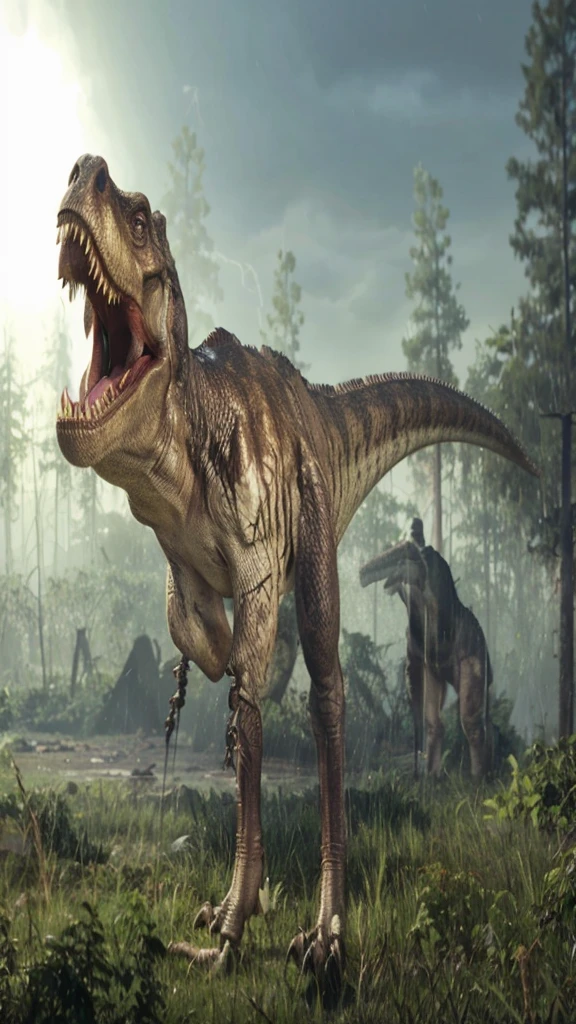 a dinosaur that looks like the one in the image prompt in a forest at night and during a storm. the t rex’s face is lit up by the lightning strike in the background 