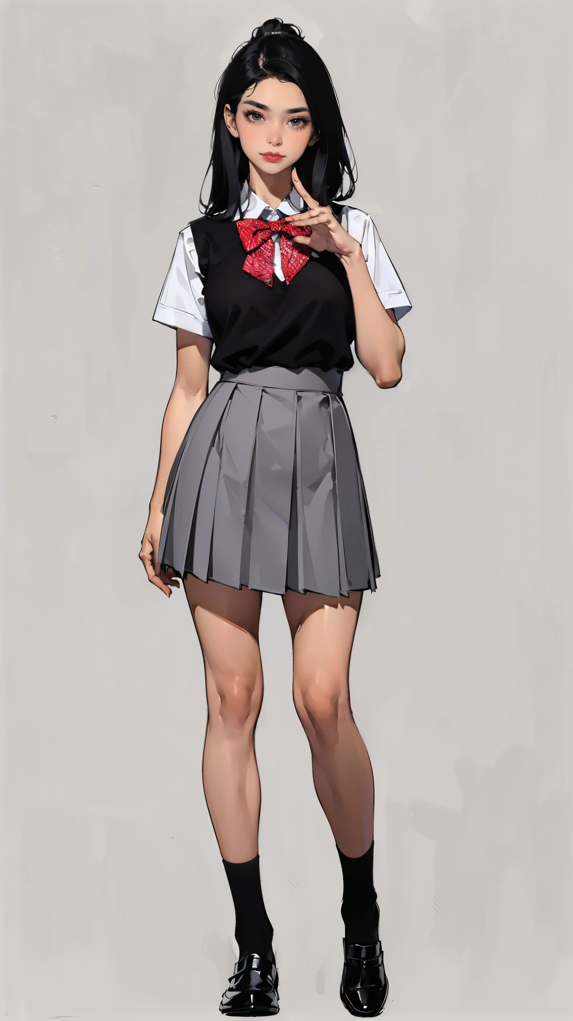 ((best quality,4k,highres,masterpiece:1.2)),((character concept art)), 1 female, teenage female, 15-year-old Asian beauty queen, ((black shoulder-length hair)), black hair, (fair skin colour), ultra finely detailed eyes (black eyes colour), innocent, beautiful, , slim body build, ((intricate detail)), super finely detailed hands, ultra finely detailed fingers(((ten fingers))), wearing white short sleeves school shirt with bowtie, gray school skirt, knee-length school socks, and black school loafers, (standing casually), (full body showcase), (show full body), (no logos on background), (no logo), ((plain background)), ((plain background)), (((empty background)))