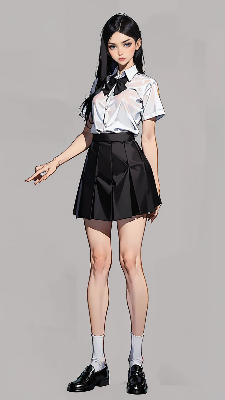 ((best quality,4k,highres,masterpiece:1.2)),((character concept art)), 1 female, teenage female, -yeld As beauty queen, ((black shoulder-length hair)), black hair, (fair skin colour), ultra finely detailed eyes (black eyes colour), innocent, beautiful, , slim body build, ((intricate detail)), super finely detailed hands, ultra finely detailed fingers(((ten fingers))), wearing white short sleeves school shirt with bowtie, gray school skirt, knee-length school socks, and black school loafers, (standing casually), (full body showcase), (show full body), (no logos on background), (no logo), ((plain background)), ((plain background)), (((empty background)))
