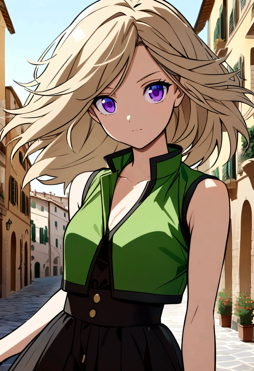 Italian Girl anime version (power to control the wind, purple eyes and light brown medium hair, green and black sleeveless clothes and jacket in Italy)