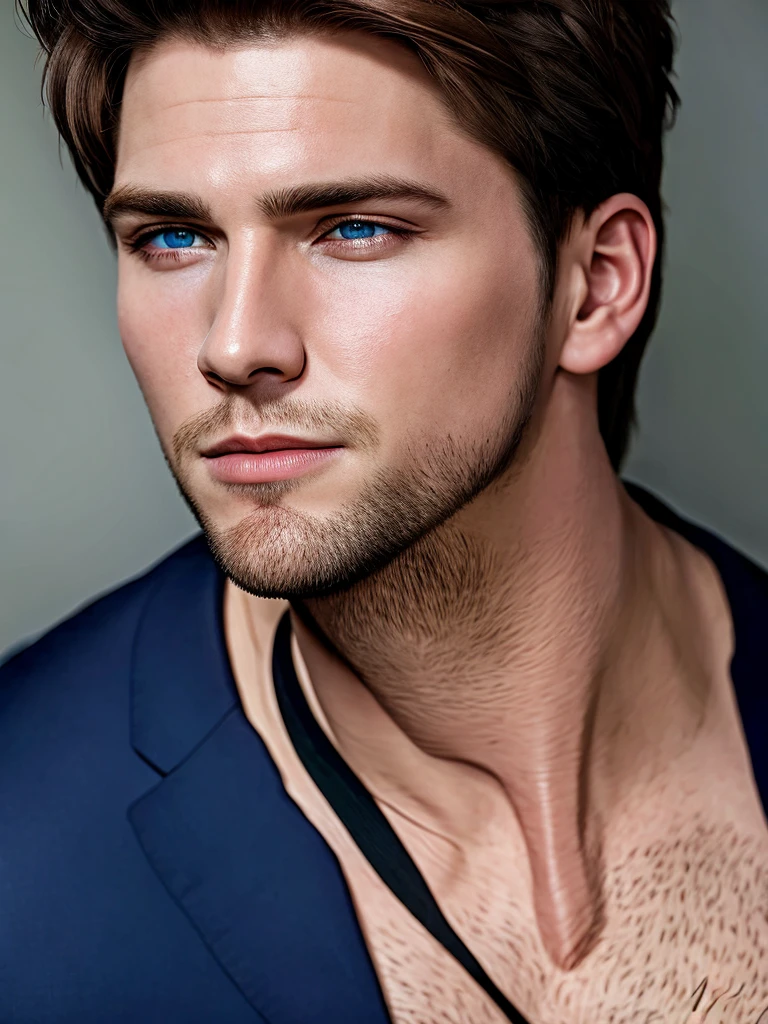 (masterpiece, best quality:1.2), 1MAN, SOLO, handsome face, perfect face, brown hair, blue eyes, black suit, glare.