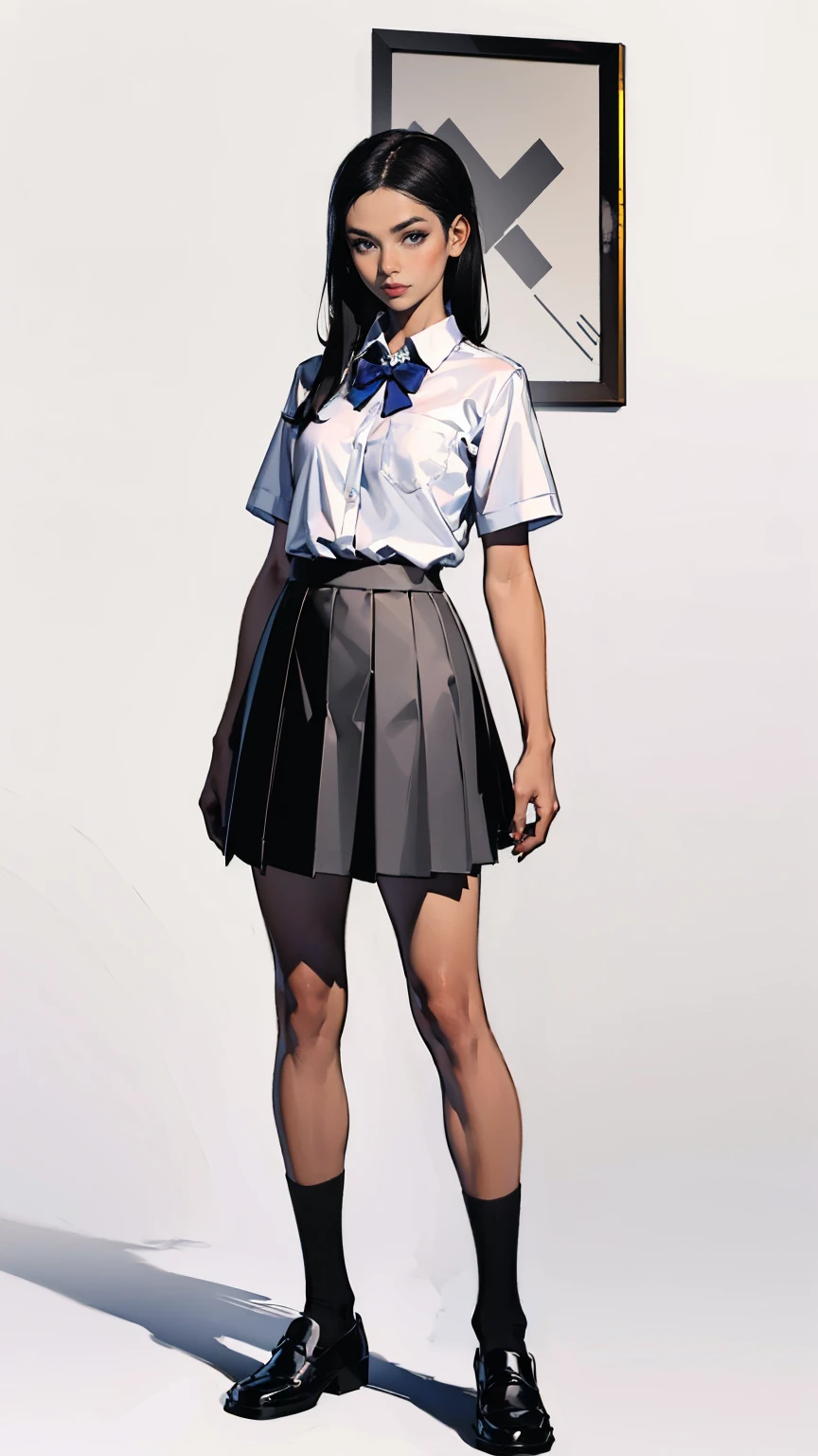 ((best quality,4k,highres,masterpiece:1.2)),((character concept art)), 1 female, teenage female, 15-year-old Asian beauty queen, ((black shoulder-length hair)), black hair, (fair skin colour), ultra finely detailed eyes (black eyes colour), innocent, beautiful, , slim body build, ((intricate detail)), super finely detailed hands, ultra finely detailed fingers(((ten fingers))), wearing white short sleeves school shirt with bowtie, gray school skirt, knee-length school socks, and black school loafers, (standing casually), (full body showcase), (show full body), (no logos on background), (no logo), ((plain background)), ((plain background)), (((empty background)))