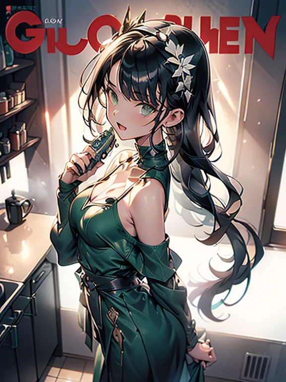 (small breasts:1.2), (perky chest:1.1), (pointed chest:1.0), (hand gun magazine cover:1.3),(from below:1.2),(from side:0.9),masterpiece, 1girl, Amazing Cleavage:1.1, thin waist, big ass, Raised sexy, small breast: 1.2, posed cleavage:1.2、solo, open mouth, have a cute grass of cute beergrass,black hair, dark green eyes, dress, bare shoulders, jewelry, collarbone, sidelocks, hairband, earrings, indoors, off shoulder, sweater, arms behind back, plant, short hair with long locks, gild hairband, sweater dress:1.2, off-shoulder sweater, red sweater, dark gord hair, big side hair, very long side hair,is rendered in (masterpiece: 1.2, best quality), with (ultra high resolution) and an exquisite (depth of field). This masterpiece is not only visually stunning but also tells,A scene of cooking in the kitchen by classroom ,looking at viewer,