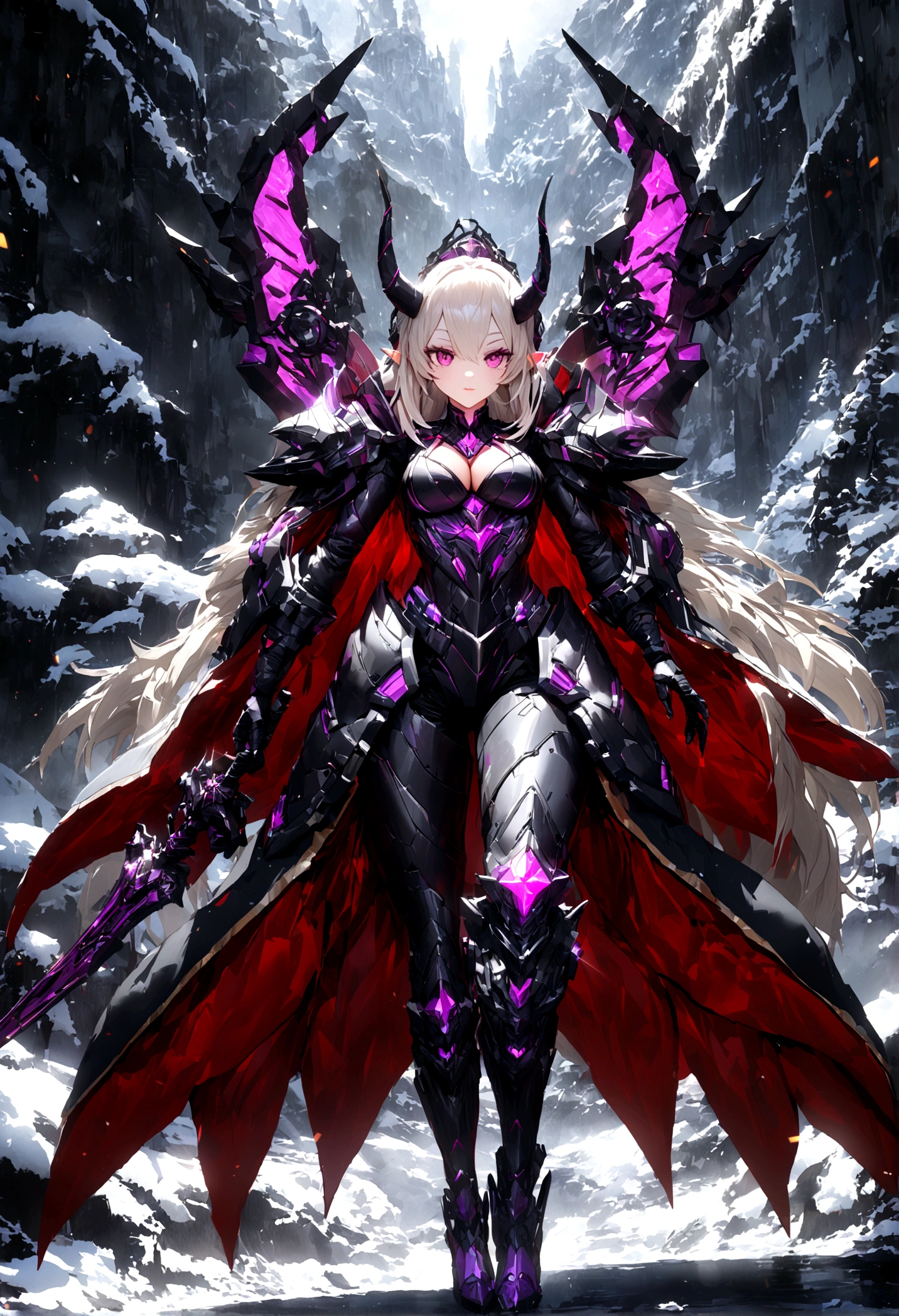 (((full body photo))) Cirilla Fiona Elen Riannon,Highest image quality,Outstanding details,Ultra-high resolution,(Fidelity:1.4), Favor the details,closeup cleavage,dawn,Snow,winter,Wizard Sword,He has a delicate and beautiful face,Red Japanese oni armor,Raised sexy,frontage,cyber punk perssonage,futuristic,mechanically aesthetic,Virtual Engine 5,Perfect detail rendering,rendering by octane,hyper HD