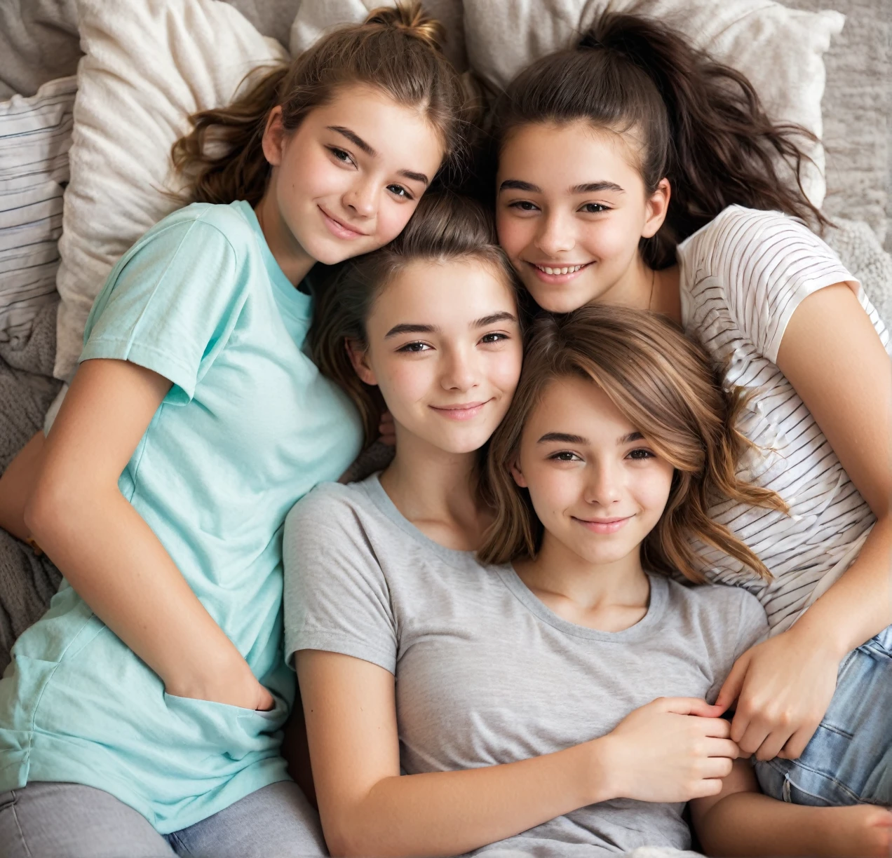 3 different cute teenagers cuddling together
