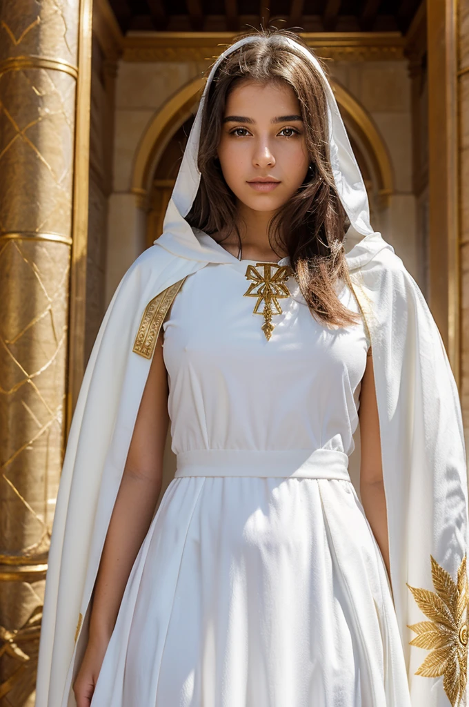 18-year-old girl of Portuguese origin, surrounded by dazzling light, her dress with a pure whiteness, as well as the cloak decorated with gold, which covered her head and a large part of her body