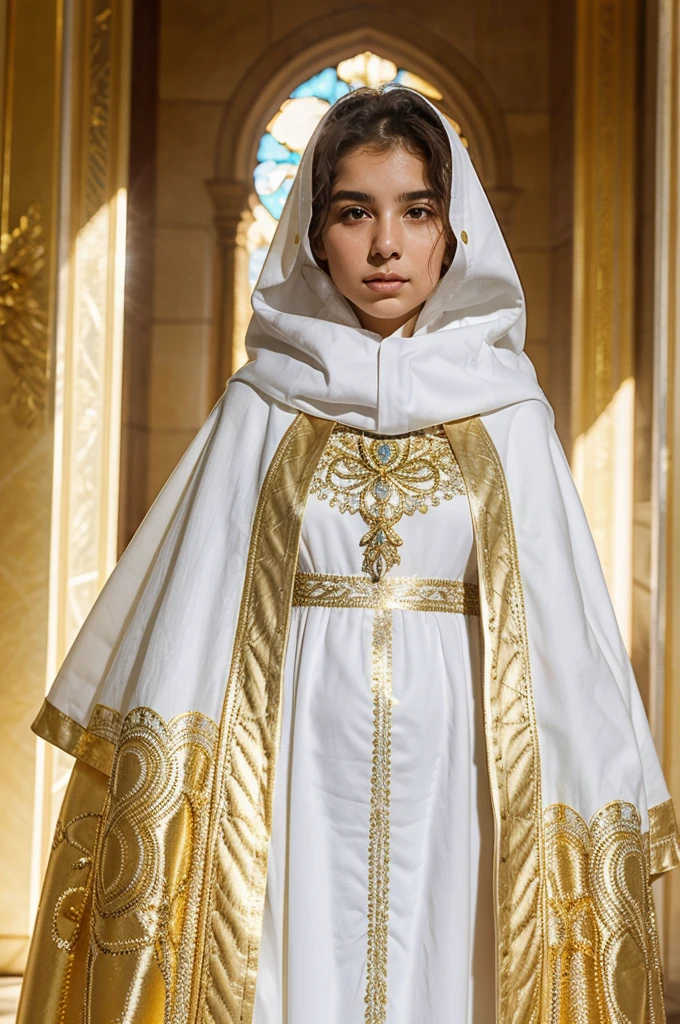 18-year-old girl of Portuguese origin, surrounded by dazzling light, her dress with a pure whiteness, as well as the cloak decorated with gold, which covered her head and a large part of her body