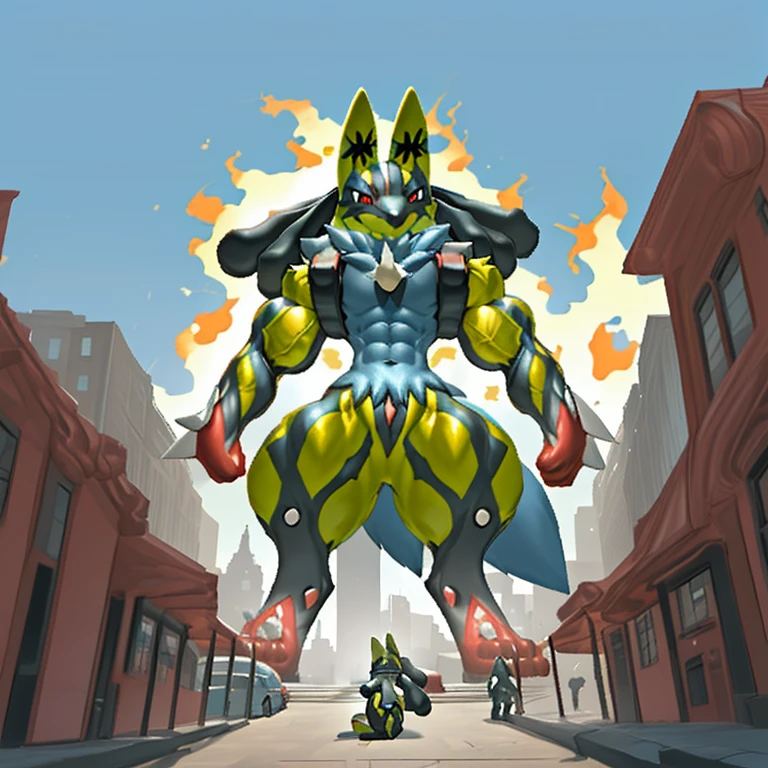 (masterpiece. official art. 8k. best quality. detailed full body. full body.)

(situation 1 : dominating shiny_mega_lucario. focus GIANT mechanical Muscular shiny_mega_lucario is trampling the CITY. macro. stomp. Low-angle perspective. emphasizing the immense size. The perspective is from below, emphasizing the sheer majesty and power of the Giant. giant art. He is much bigger than a skyscraper. Giga Giants. micro soccer field. looking down.)

(situation 2 :smoke and flames rising from the destruction in the city)

(Additional details 2: (Detailed head. Detailed Body. Detailed abs. gigantic muscles. HYPER MUSCLES. Gigachad Muscular. big muscle. pecs. triceps. traps. unusually developed muscular body. body full of huge muscles. showing off muscles. pectorales enormes. Exaggeratedly huge muscles. huge muscles. long legs.).
