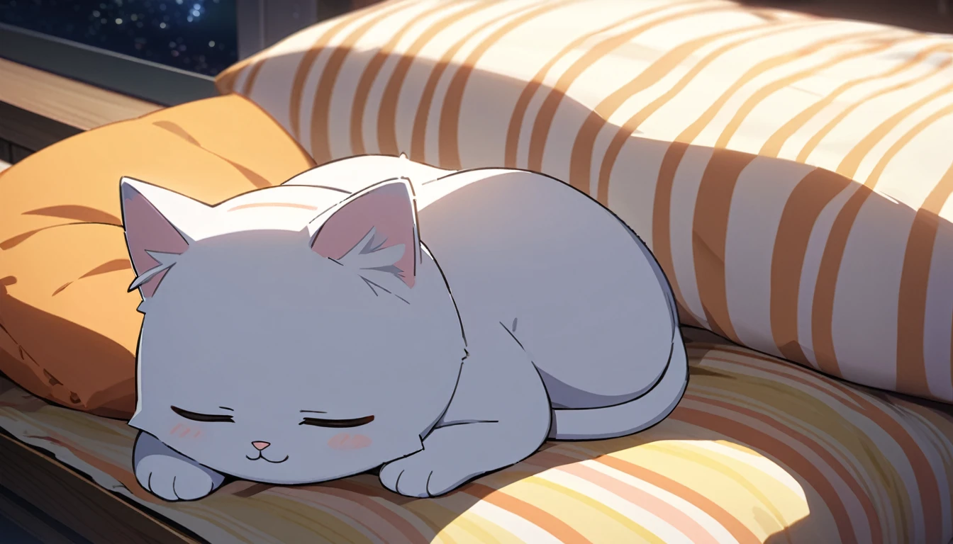 A cute cat is sleeping on a cushion,masterpiece,Highest quality,Detailed details,The background is the night sky,anime
