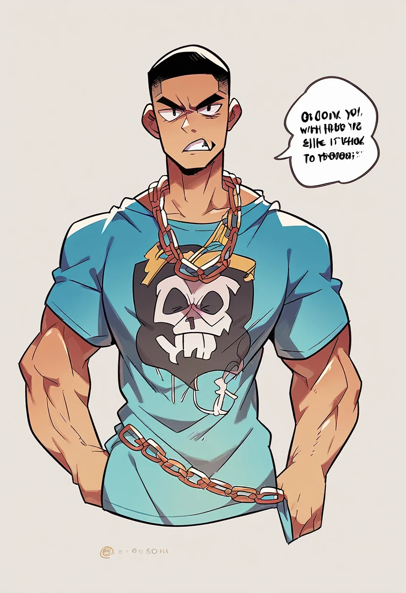 Badass cartoon anime character animated black guy showing his back without a shirt on, wearing baggy clothes with a gold chain around his neck. Talk and slim body, Dense muscles, buzz cut hairstyle, 2d anime character, Japanese graffiti font, cool background