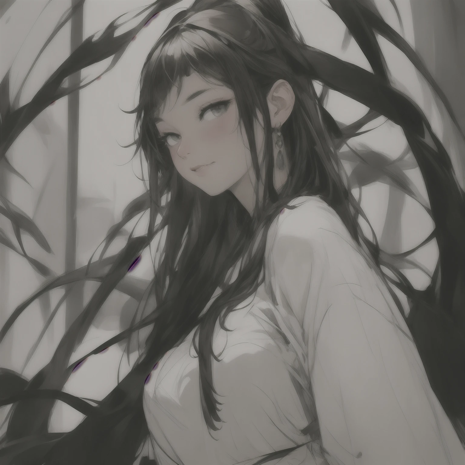 masterpiece, Highest quality, One girl, whitish eyes,center parted hair、forehead,sholder length hair、medium hair、white hair、T-Shirts,(crop top navel:0.8)、gentle smile、Very sexy、upper body,from front,