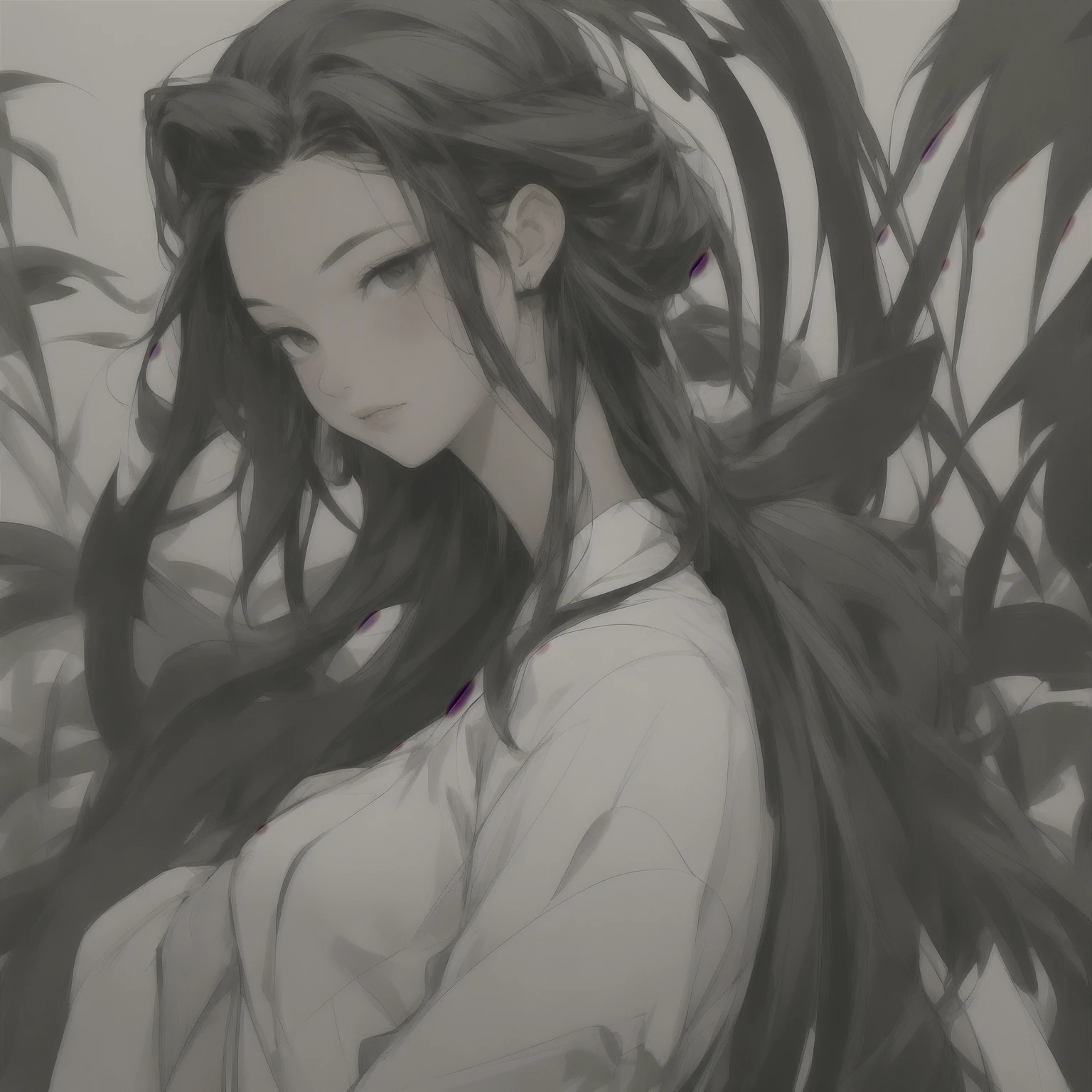 masterpiece, Highest quality, One girl, whitish eyes,center parted hair、forehead,sholder length hair、medium hair、white hair、T-Shirts,(crop top navel:0.8)、gentle smile、Very y、upper body,from front,