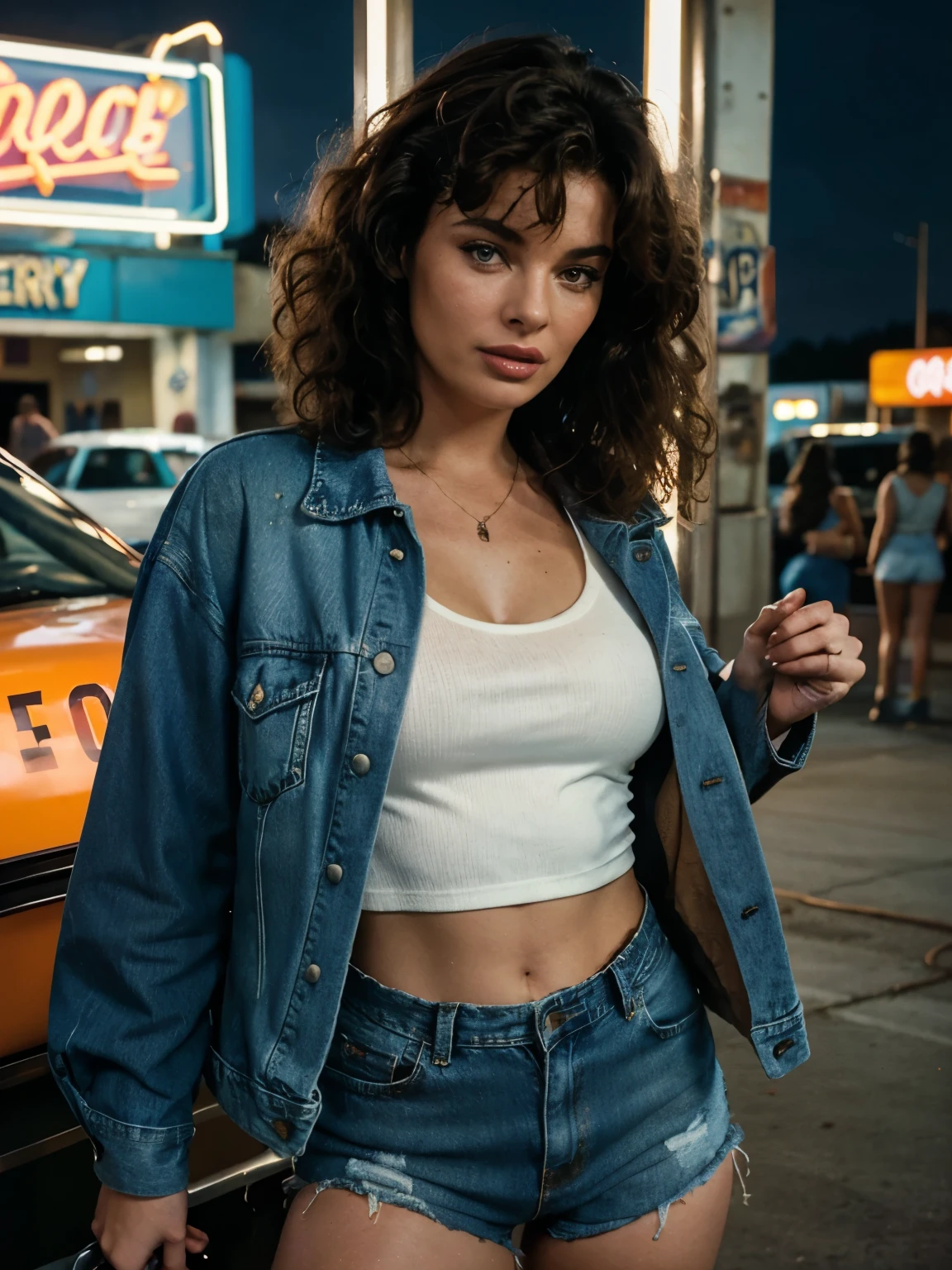 DRESSED Kelly LeBrock from the movie "Oh Science 1985", 80's, denim shorts, jacket leather, mother vintage, old movie aesthetics, 80s hairstyle, Messy voluminous curls, photo grain, at a gas station at night, night neon