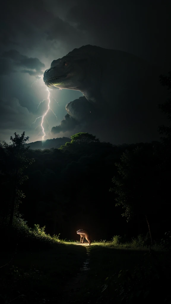 a dinosaur in a forest at night and during a storm. the t rex’s face is lit up by the lightning strike in the background