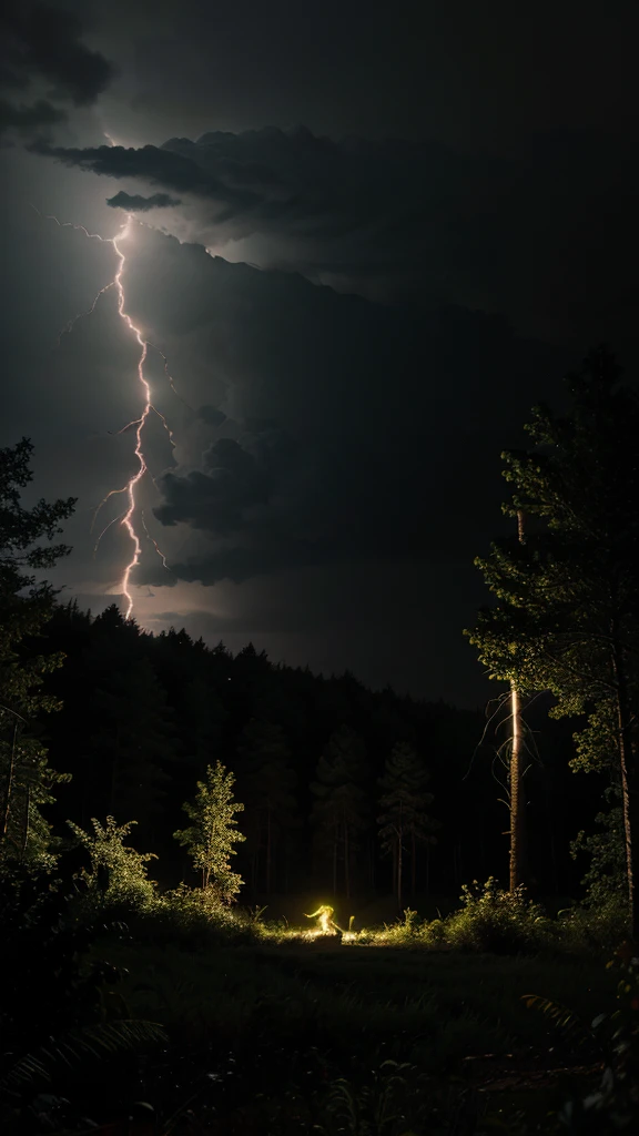 a dinosaur in a forest at night and during a storm. the t rex’s face is lit up by the lightning strike in the background 