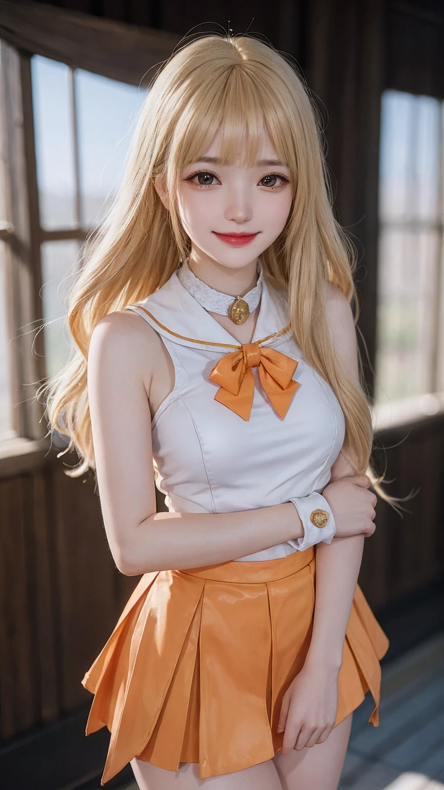 masterpiece, top-quality, A high resolution, SV1, Sailor warrior uniform, one blonde, orangeskirt, Wear gloves on elbows,Elbow woods, tiao, Orange sailor collar, sailorvenus, orange collar, whitegloves, jewely,A smile, Minako Aino,, Skirt cracked, Permanent, white straitjacket,, Gorgeous fabrics, Leather texture, ssmile, Cinema lenses, beautiful ambiance, depth of fields, Manhwa Style, the watercolor style, Flutter, ventania, Wind lift, shinny hair,