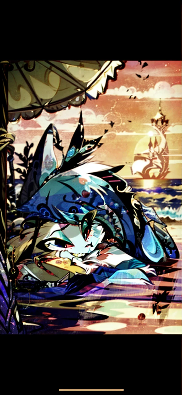 In the Hazbin Hotel universe, a feminine draconequus demon inspired by rainbowdash captivates with her enchanting presence. Combining feline and equine features, she wears a romantic era gown adorned with delicate lace and flowing sleeves. Against the opulent backdrop of the ocean and sea, her graceful movements cast a spell of timeless elegance in the vibrant world of Hazbin Hotel.