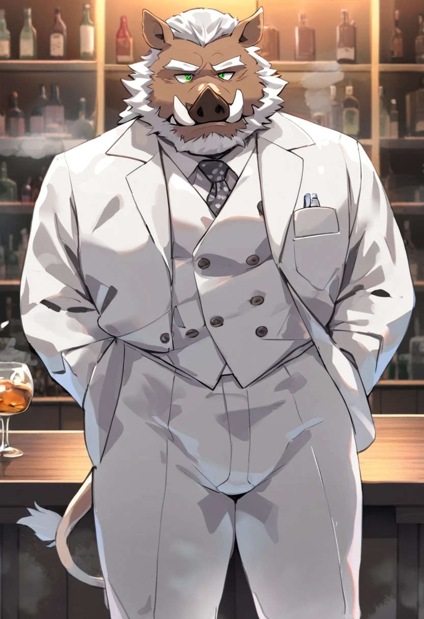 Wild Boar,personification,Mature male,Bad Uncle,Sarcastic expression,Green pupils,White eyebrows,White suit suit,Hands in pockets,The Age of Steam,bar。