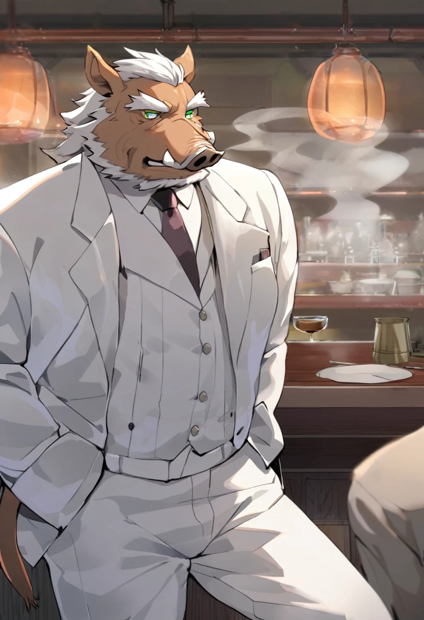 Wild Boar,personification,Mature male,Bad Uncle,Sarcastic expression,Green pupils,White eyebrows,White suit suit,Hands in pockets,The Age of Steam,bar。