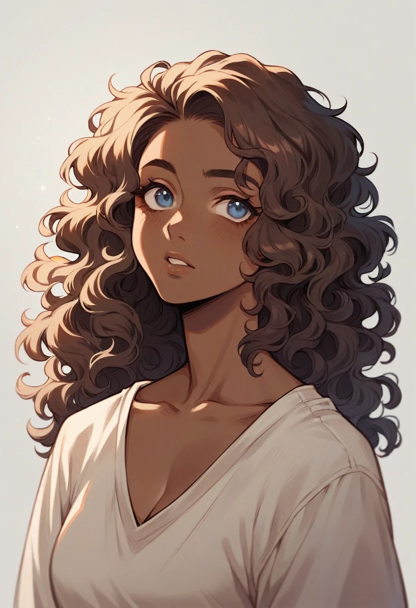 1woman with brown skin and long curly hair, brown eyes and a 1 white skinned man, straight hair and blue eyes