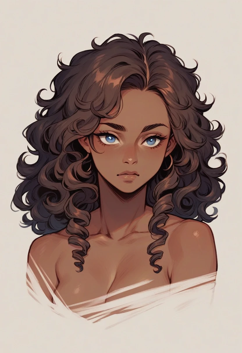1woman with brown skin and long curly hair, brown eyes and a 1 white skinned man, straight hair and blue eyes