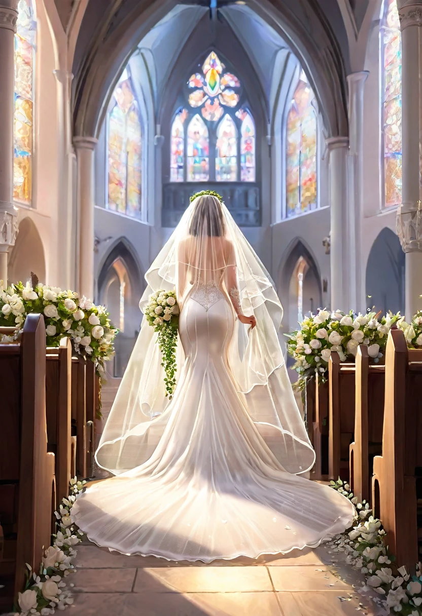 BREAK Perfect Anatomy,(High resolution:1.2),Incredible illustrations(Cute illustrations:1.2),nsfw（Beautiful background,Inside the church）elf(wedding veil,wedding dress)(beautiful ass)(pussy cum,cum ass),Bride walking down the aisle