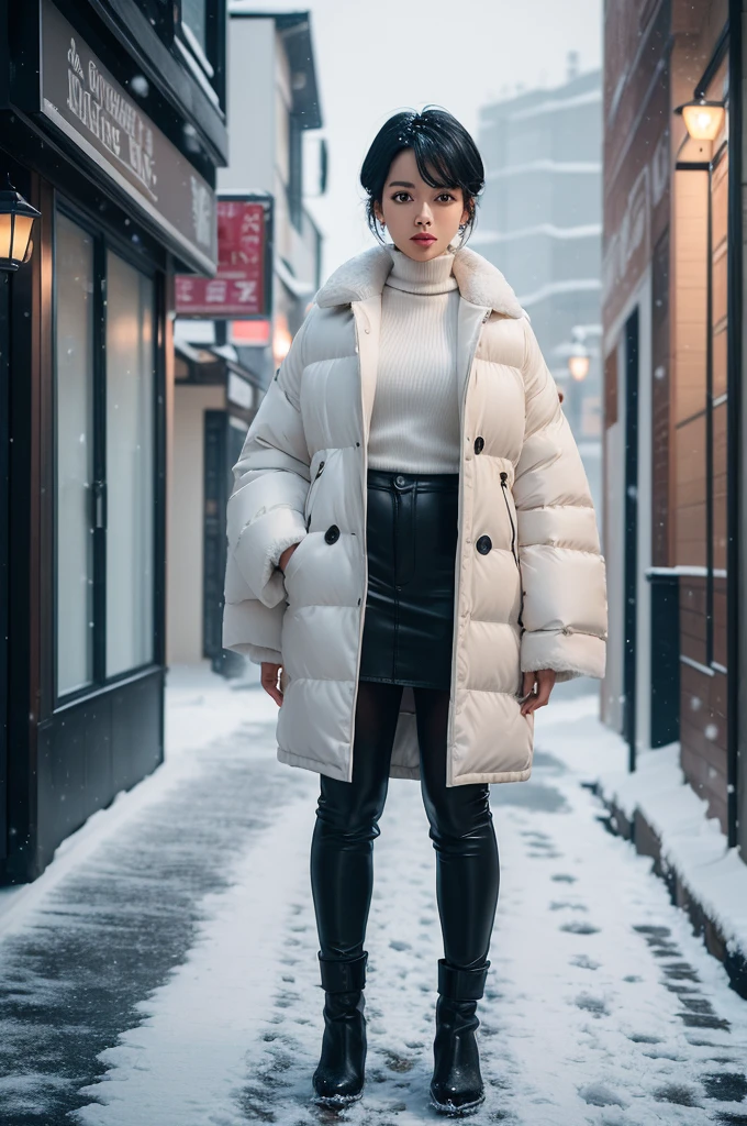 professional photography of a beautiful black girl in winter clothes with short straight black hair, cute and seductive look, beautiful symmetrical face, beautiful natural makeup, next to 1 Korean man , Jeon Jung Kook , Cao Cao , white hair ,piercing look, wearing chic warm winter fashion clothing, ((standing outside on the snowy city street)), impressive modern urban environment, ultra realistic, conceptual artwork, chic, highy detailed, intricate, sharp focus, Depth of field, f/1. 8, 85 mm, medium shot, mid shot, (((professional color grading))), soft and bright diffused light, (Volumetric fog), Trends on Instagram, HD 4k, 8K