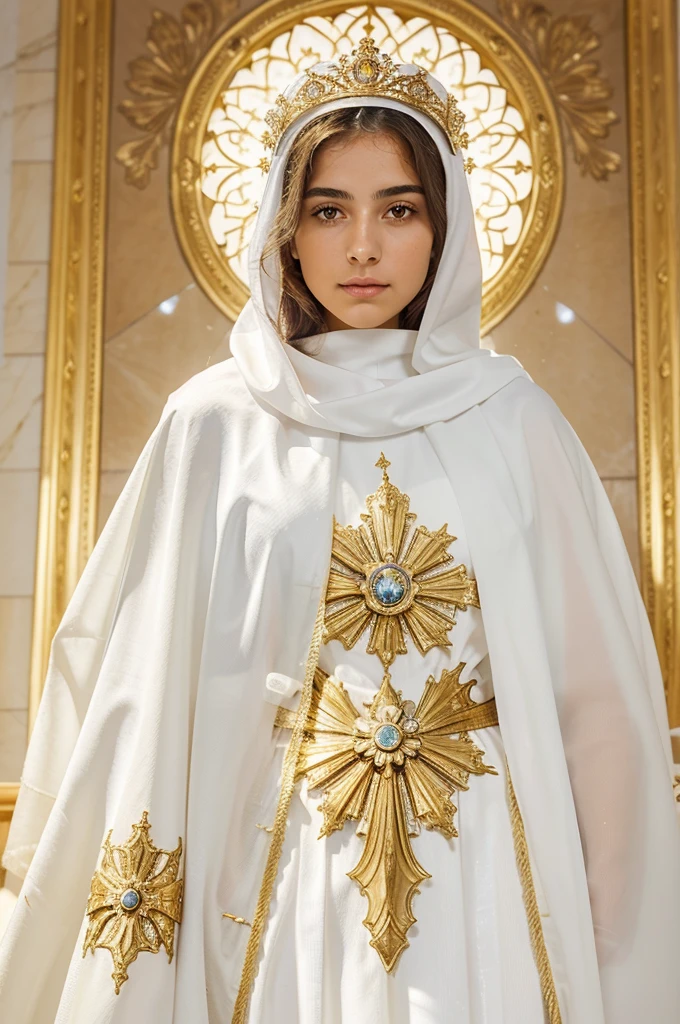 Our Lady of Fátima, 18-year-old girl of Portuguese origin, surrounded by dazzling light, her dress with a pure whiteness, as well as the mantle decorated with gold, which covered her head and a large part of her body
